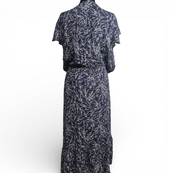 Lucky Brand Plus Sz 3X Dress Navy Blue Botanical Print V-Neck Maxi Boho Flutter - Picture 6 of 9